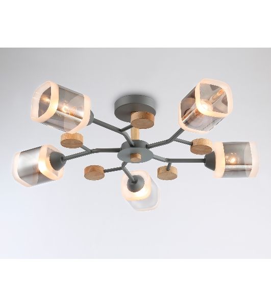 Светильник Ambrella light TR3033233/5 GR/LW/SM серый/светлое дерево/дымчатый E27*5 max 60W D700*180