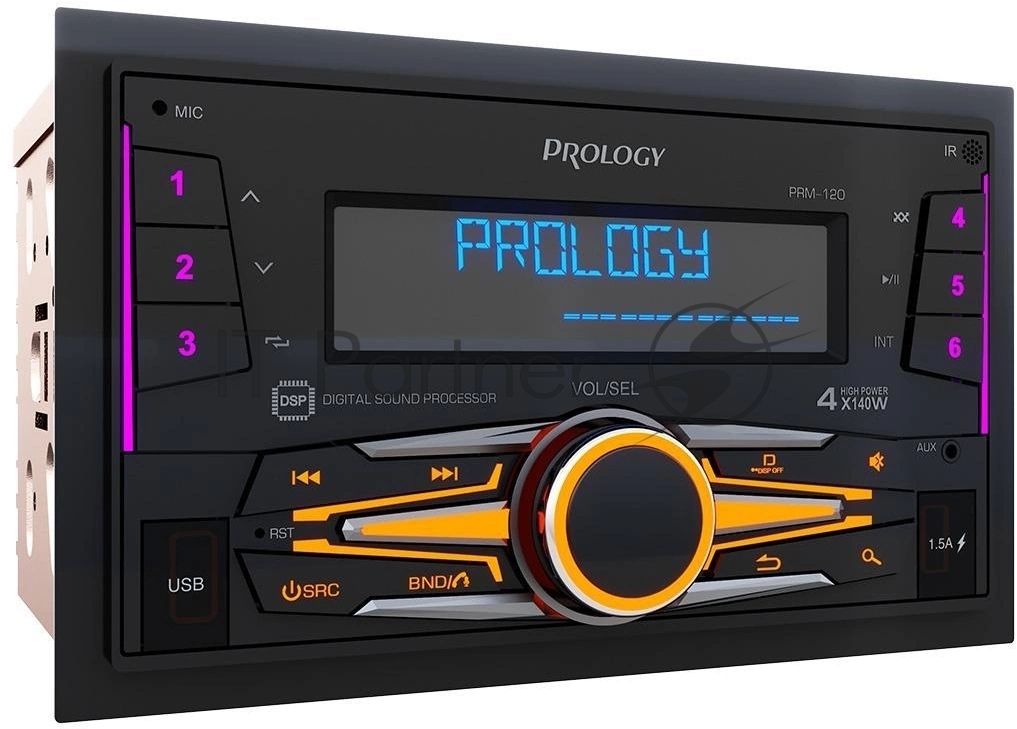 Автомагнитола Prology PRM-120, 2 DIN, Bluetooth, USB Type-A, AUX, пульт ДУ