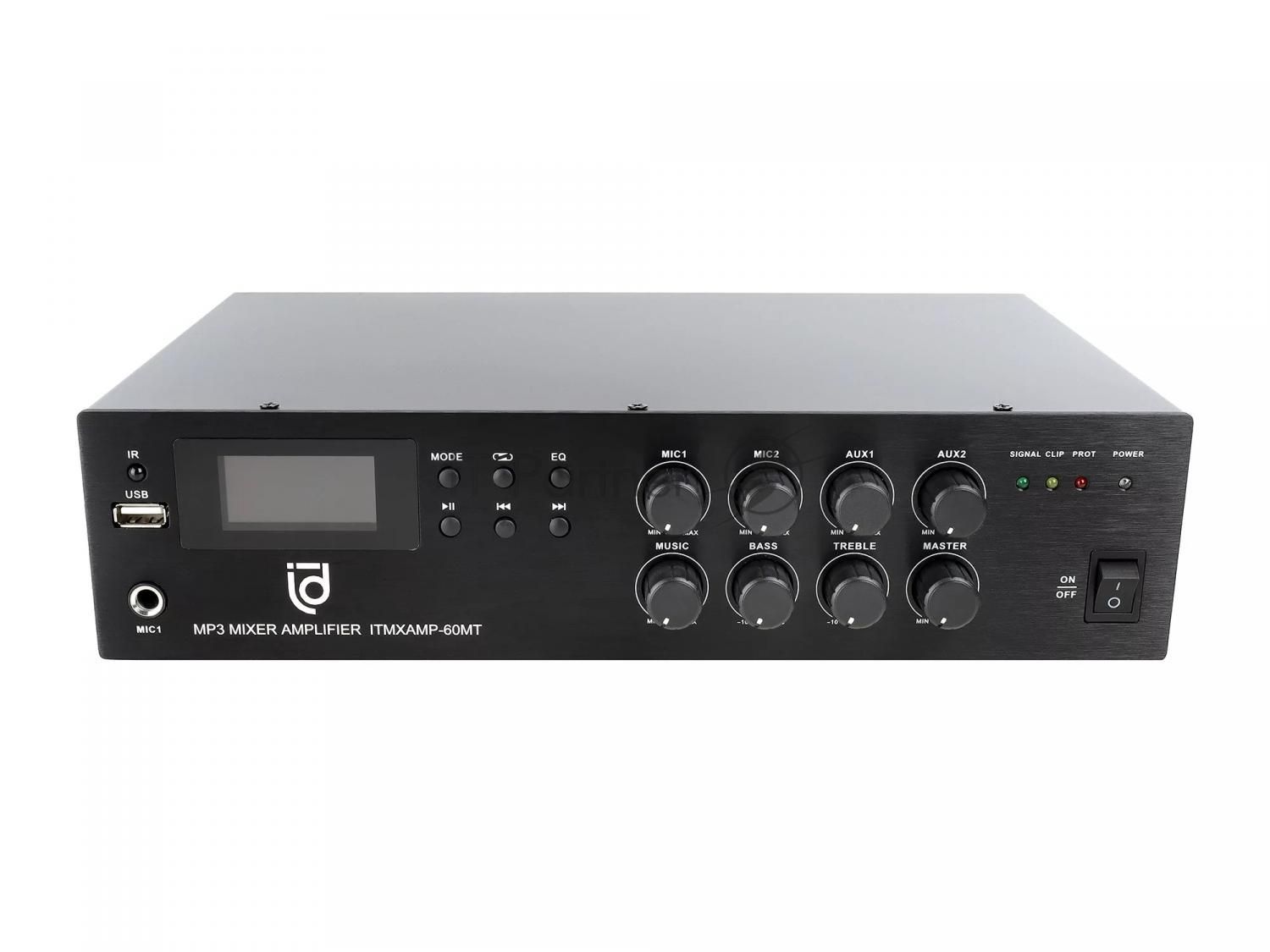 Микшер-усилитель Intrend ITMXAMP-60MT MP3, FM тюнер, USB, Bluetooth, 2хMic/3хLine входы, 1хLine выход,60 Вт, 4/8Ом/100V, IR-пульт в комплекте