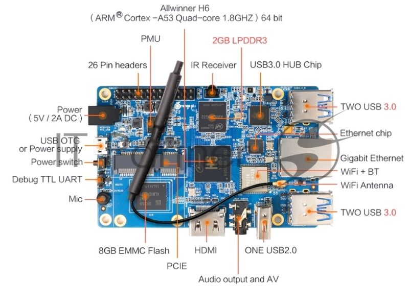 Микрокомпьютер Orange PI 3 2Gb + 8Gb EMMC, Android 7, с кабелем питания. (44286)