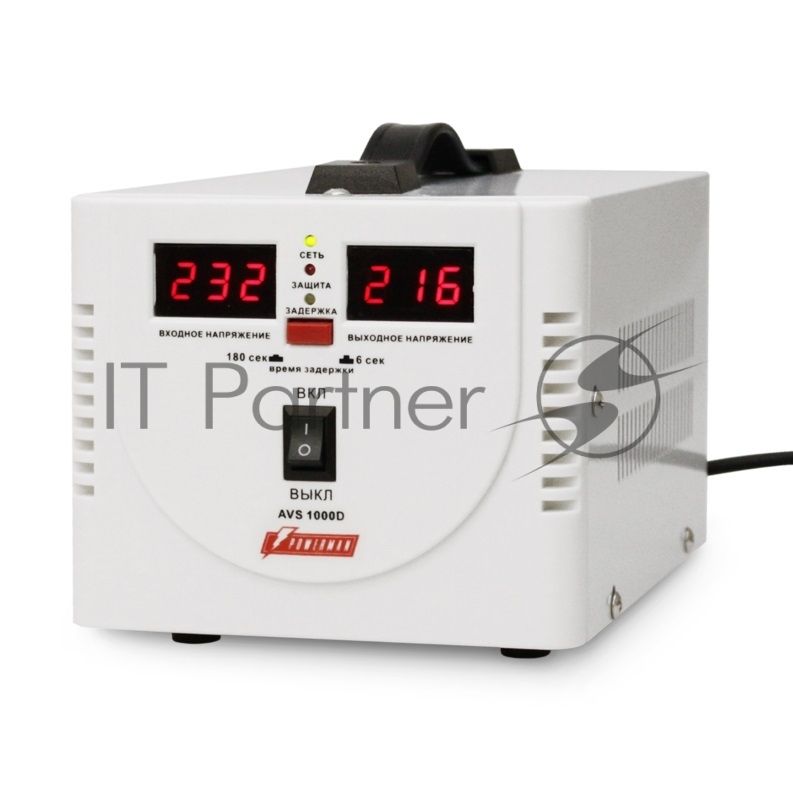 Стабилизатор напряжения Powerman AVS-D Voltage Regulator 1000VA, Digital Indication, 2x Schuko Outlets, 1m Power Cord, 230V, 1 year warranty, белый