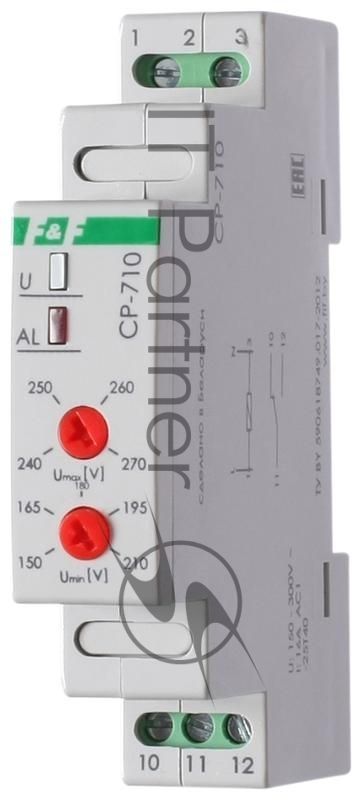 Реле напряжения CP-710 (однофазный; контроль верхнего и нижнего значений напряжения; монтаж на DIN-рейке 35мм; 230В 10А 1P IP20) F&F EA04.009.001