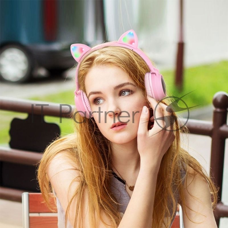 Беспроводные/проводные наушники Hoco W27 розовый, накладные, Bluetooth + проводной, "кошачьи ушки", до 5 ч.