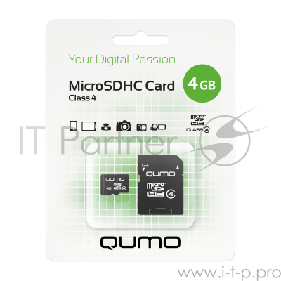 Флеш карта QUMO QM4GMICSDHC4 4Gb MicroSDHC Class 4, SD adapter