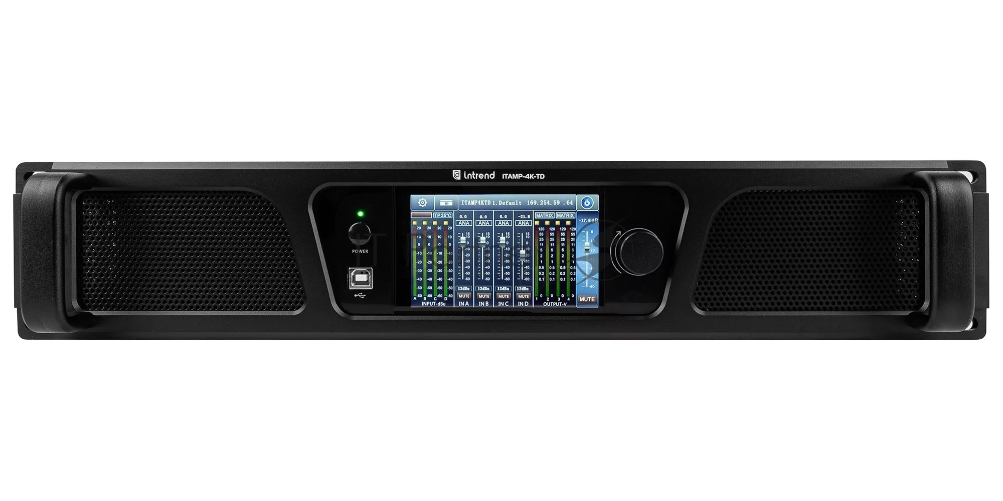 Усилитель INTREND ITAMP-4K-TD четырехканальный, 4x1000W/8Ом, 4x1600W/4Ом, 2x3200/100V, 4x600/70V, поддержка Dante, встроенный DSP