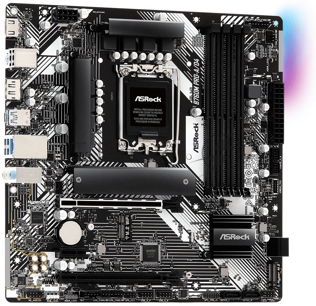 Материнская плата ASRock B760M Pro-A/D4, LGA1700, Intel B760, 4xDDR4, 4xSATA 6Gb/s, 2xM.2, 1xPCIe 4.0 x1, 2xPCIe 4.0 x16, 1xHDMI, 1xDisplayPort, 1x2.5Gb LAN, 1xUSB 3.2 Gen1 Type-C, 3xUSB 3.2 Gen1 Type-A, 2xUSB 2.0, 3x3.5 мм, 7.1, microATX