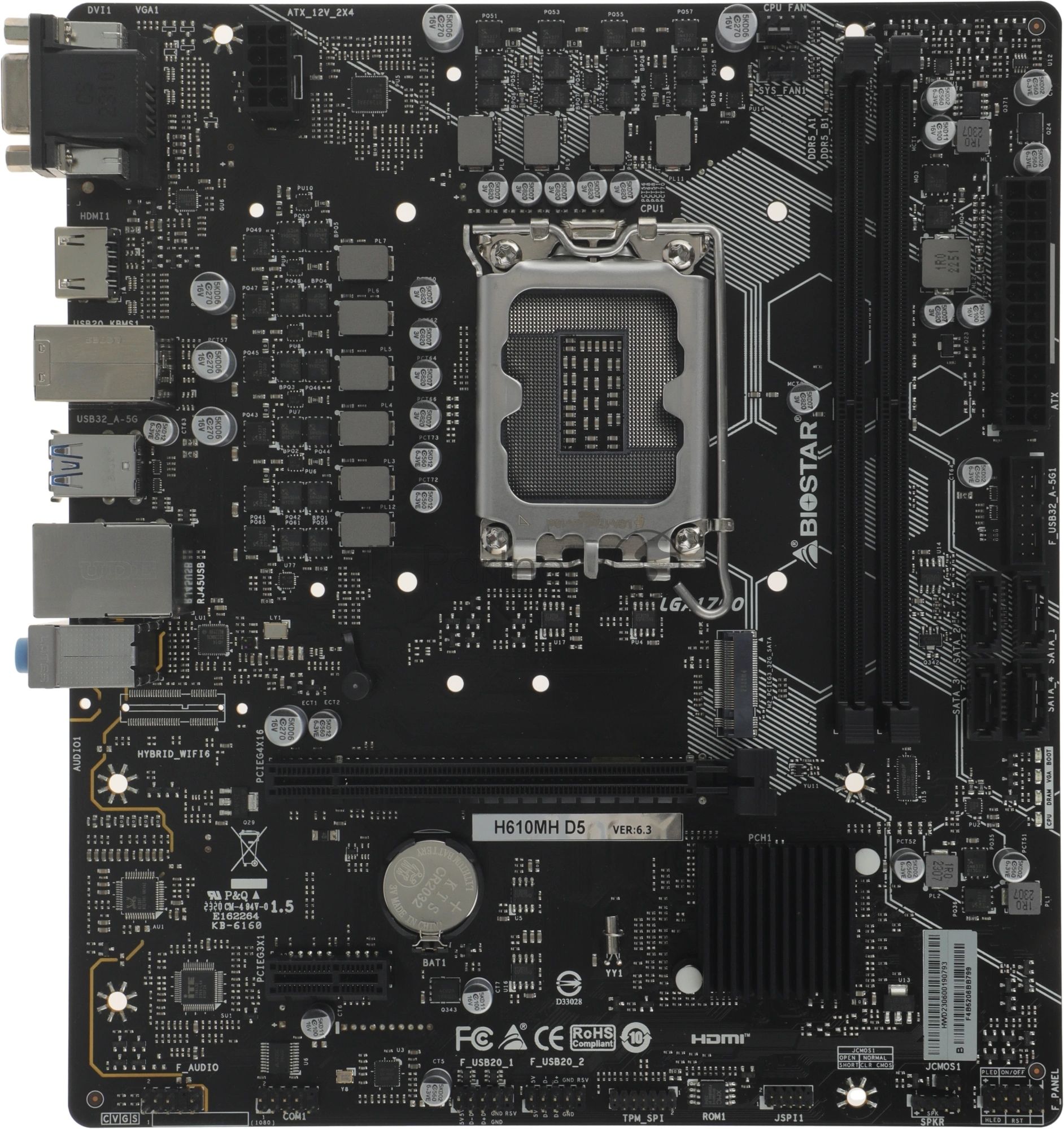 Материнская плата Biostar H610MH D5, LGA1700, Intel H610, 2xDDR5, 4xSATA, 1xM.2, 1xPCIe 4.0 x16, HDMI, D-Sub, 1x1Gb LAN, 3x3.5 мм, 7.1, microATX