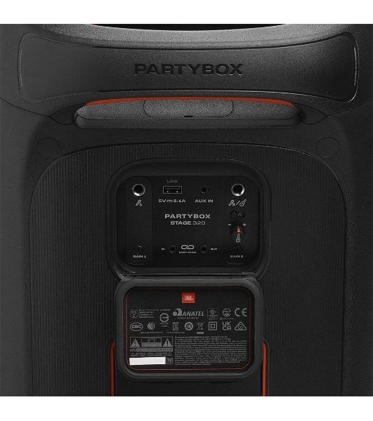 Портативная акустика JBL PartyBox Stage 320 (1.0 2 x 120 Вт, Bluetooth, AUX, USB, 6.3 мм jack, RGb подсветка, IPX4, JBLPBSTAGE320UK)