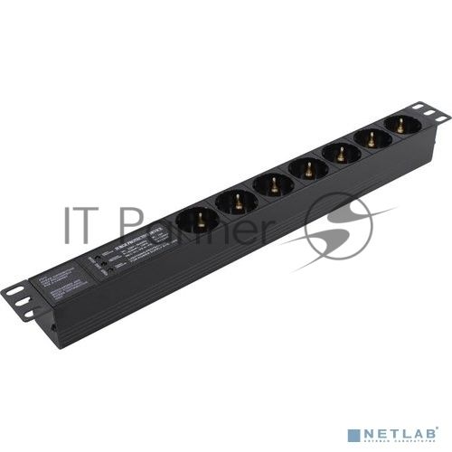 Блок розеток горизонтальный ExeGate ServerPro PDU-19H701 Al-7S-C14-SPD3, 19", 1U, Алюминий, 7 Schuko, С14, SPD3, черный