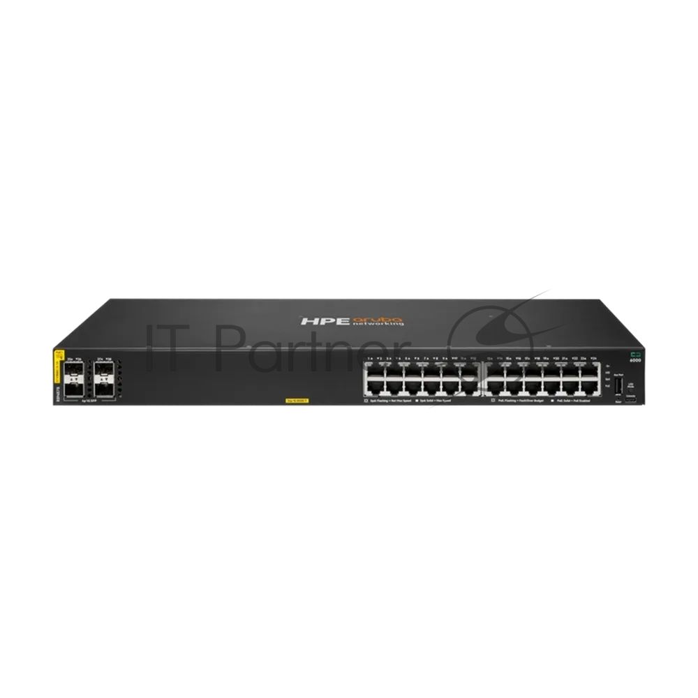 Коммутатор HPE Aruba Networking CX 6000 24G Class4 PoE 4SFP 370W, 24×1 Гбит/с PoE+ + 4×1 Гбит/с SFP, управляемый