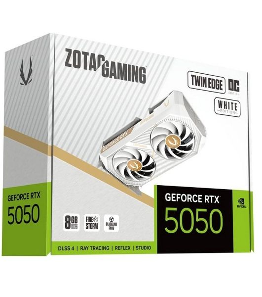 Видеокарта Zotac GAMING GeForce RTX 5050 TWIN EDGE OC WHITE ED, NVIDIA RTX 5050, 8 ГБ GDDR6, 128 бит, PCI-e 5.0, 1xHDMI, 3xDP, 2602 МГц