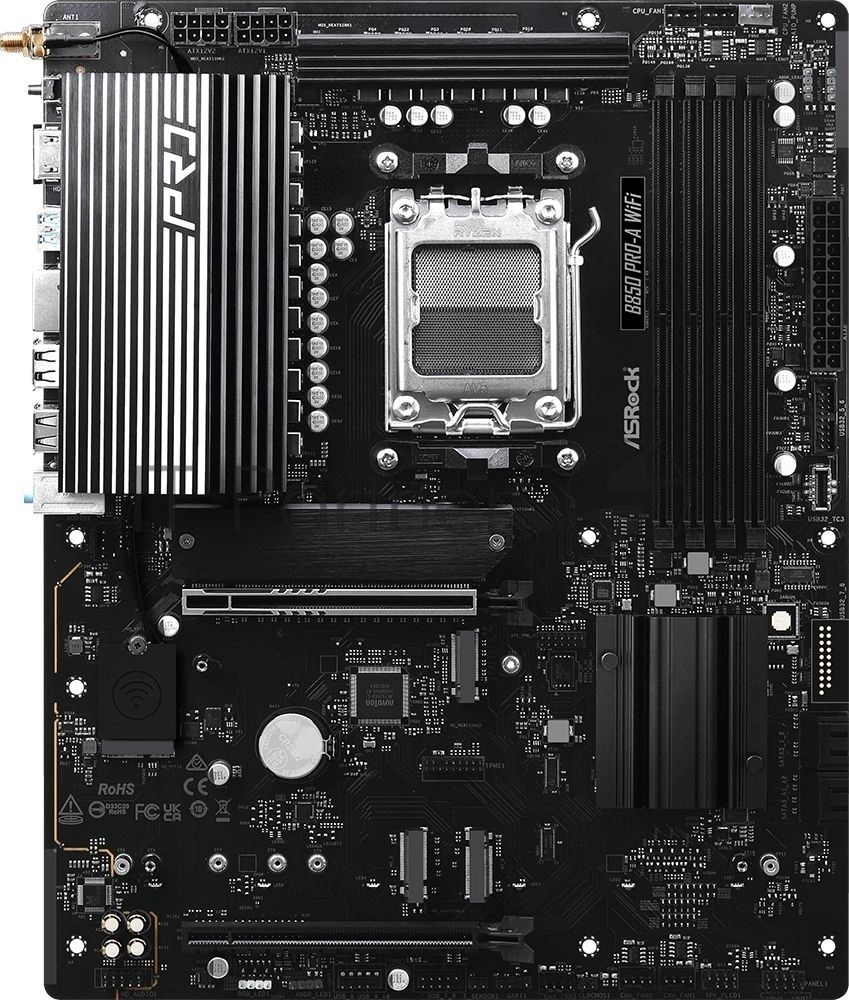 Материнская плата ASRock B850 Pro-A WiFi, AM5, AMD B850, 4xDDR5, 4xSATA, 4xM.2, 1xPCIe 5.0 x16, HDMI, USB Type-C, 1x2.5Gb LAN, Wi-Fi 6E, Bluetooth, 3x3.5 мм, 7.1, ATX