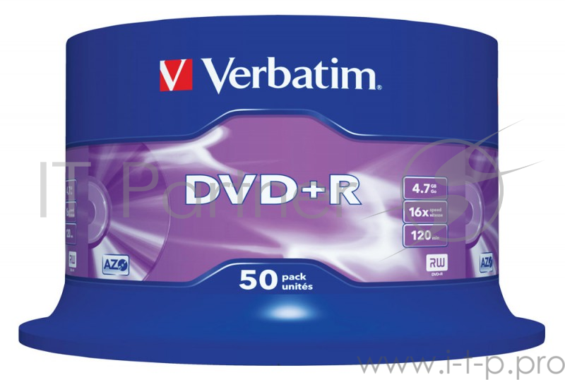 Диск DVD+R Verbatim 4.7Gb 16x Cake Box (50шт) (43550)