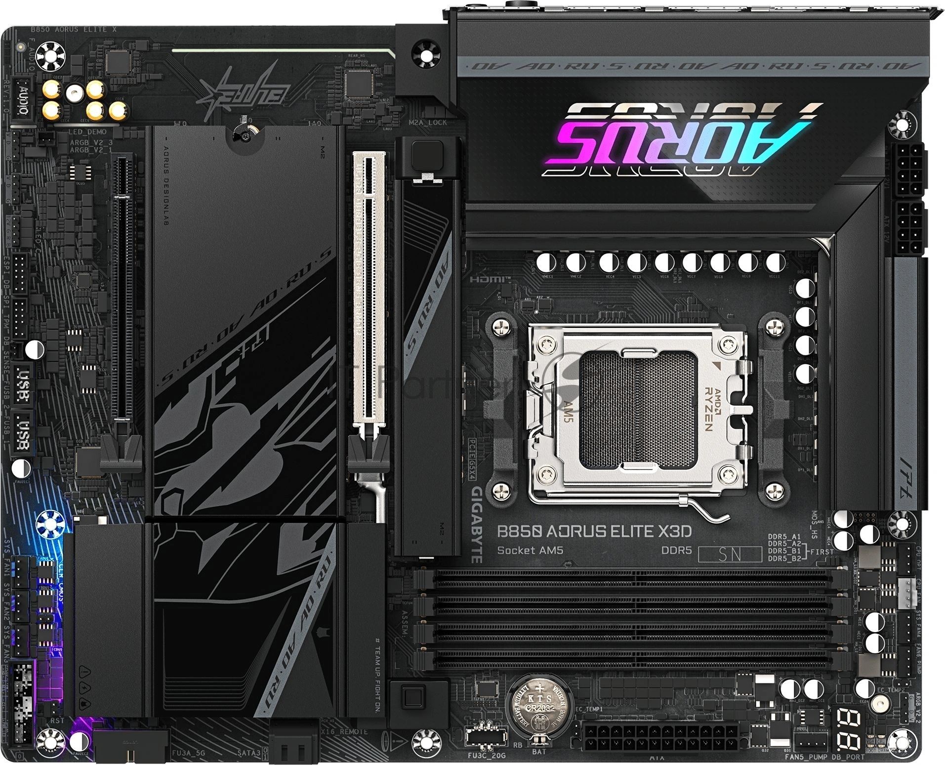 Материнская плата Gigabyte B850 AORUS ELITE X3D, AM5, AMD B850, 4xDDR5, 2xSATA, 4xM.2, 1xPCIe 5.0 x16, 1xPCIe 4.0 x4, 1xHDMI, 1x 5GbE LAN, 2xUSB 3.2 Gen 2 Type-C, 2xUSB 3.2 Gen 2 Type-A, 4xUSB 3.2 Gen 1, 4xUSB 2.0,