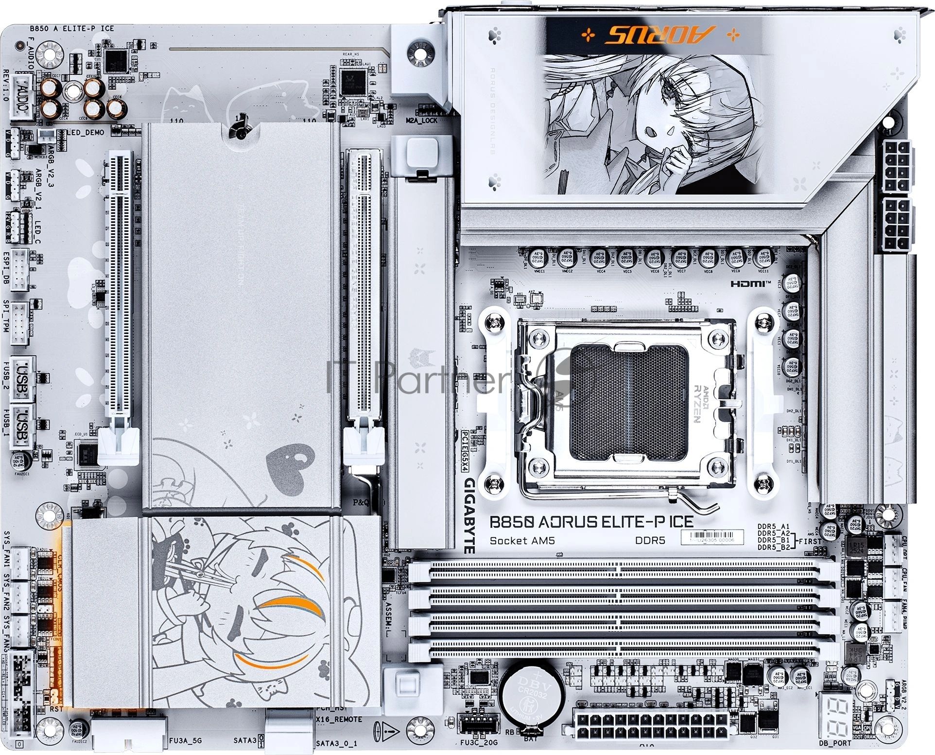 Материнская плата Gigabyte B850 AORUS ELITE-P ICE, AM5, AMD B850, 4xDDR5, 2xSATA, 4xM.2, 1xPCIe 5.0 x16, 1xPCIe 4.0 x4, 1xHDMI, 1x5Gb LAN, 2xUSB 3.2 Gen 2 Type-C, 2xUSB 3.2 Gen 2 Type-A, 4xUSB 3.2 Gen 1, 4xUSB 2.0, 2x3.5 мм, 7.1, ATX