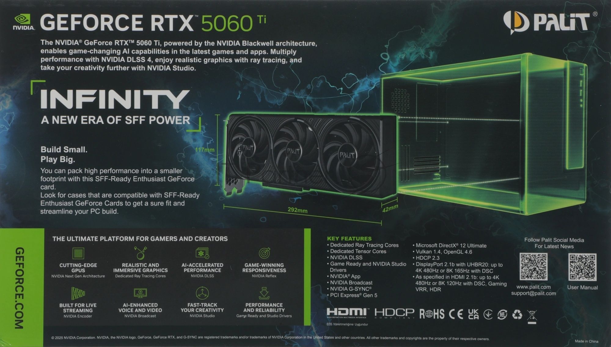 Видеокарта Palit GeForce RTX 5060 Ti Infinity 3 OC, 16 GB GDDR7, 128 bit, 3xDisplayPort, HDMI, GPU 2407 MHz