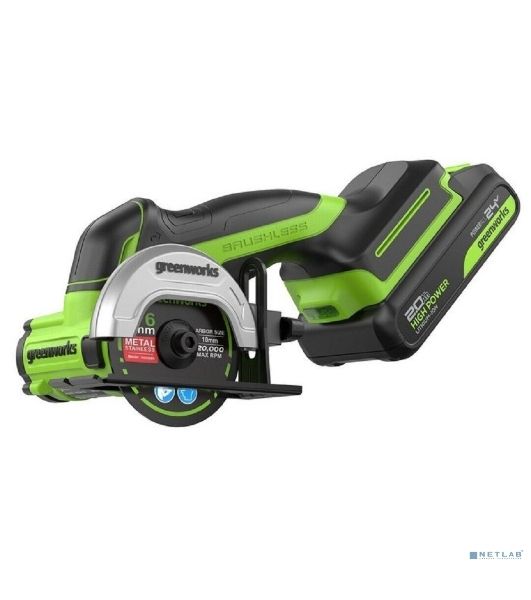 Угловая шлифовальная машина аккумуляторная GreenWorks GD24UCS, 24V, б/щет, 20000 об/мин,76 мм, рез 18 мм,1х2Ач,ЗУ,кор 3402007CUA