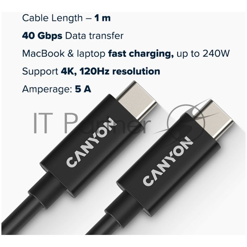 Кабель CANYON, U4-CC-5A1M-E, USB4 TYPE-C to TYPE-C cable assembly 40G 1m 5A 240W(ERP) with E-MARK, CE, ROHS, черный