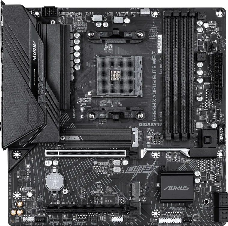 Материнская плата Gigabyte B550M X AORUS ELITE WIFI7, AM4, AMD B550, 4xDDR4, 4xSATA, 2xM.2, 1xPCIe 4.0 x16, 1xPCIe 3.0 x4, 1xHDMI, 1xDisplayPort, 1x 2.5Gb LAN, 5xUSB 3.2 Gen 1, 1xUSB Type-C, 2xUSB 2.0, 3x3.5 мм, 7.1, microATX