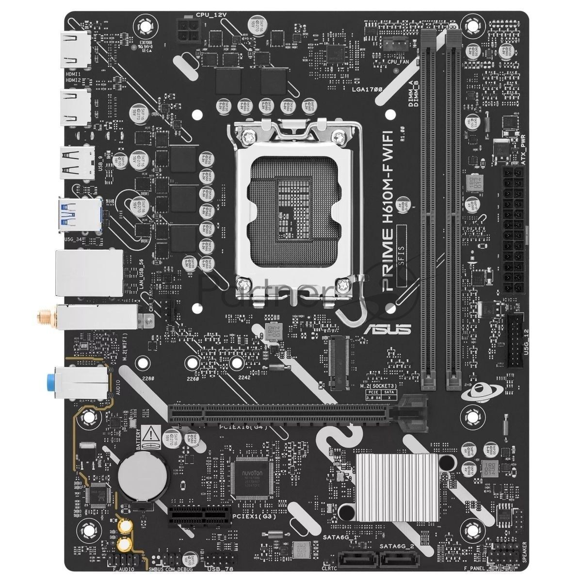 Материнская плата ASUS PRIME H610M-F WIFI, LGA1700, Intel H610, 2xDDR5, 2xSATA 6Gb/s, 1xM.2 PCI-E 3.0 x4, 1xPCIe 4.0 x16, 1xPCIe 3.0 x1, 2xHDMI, 1x 1Gb LAN, 2xUSB 5Gbps Type-A, 3xUSB 2.0 Type-A, 3x3.5 мм, 7.1, microATX