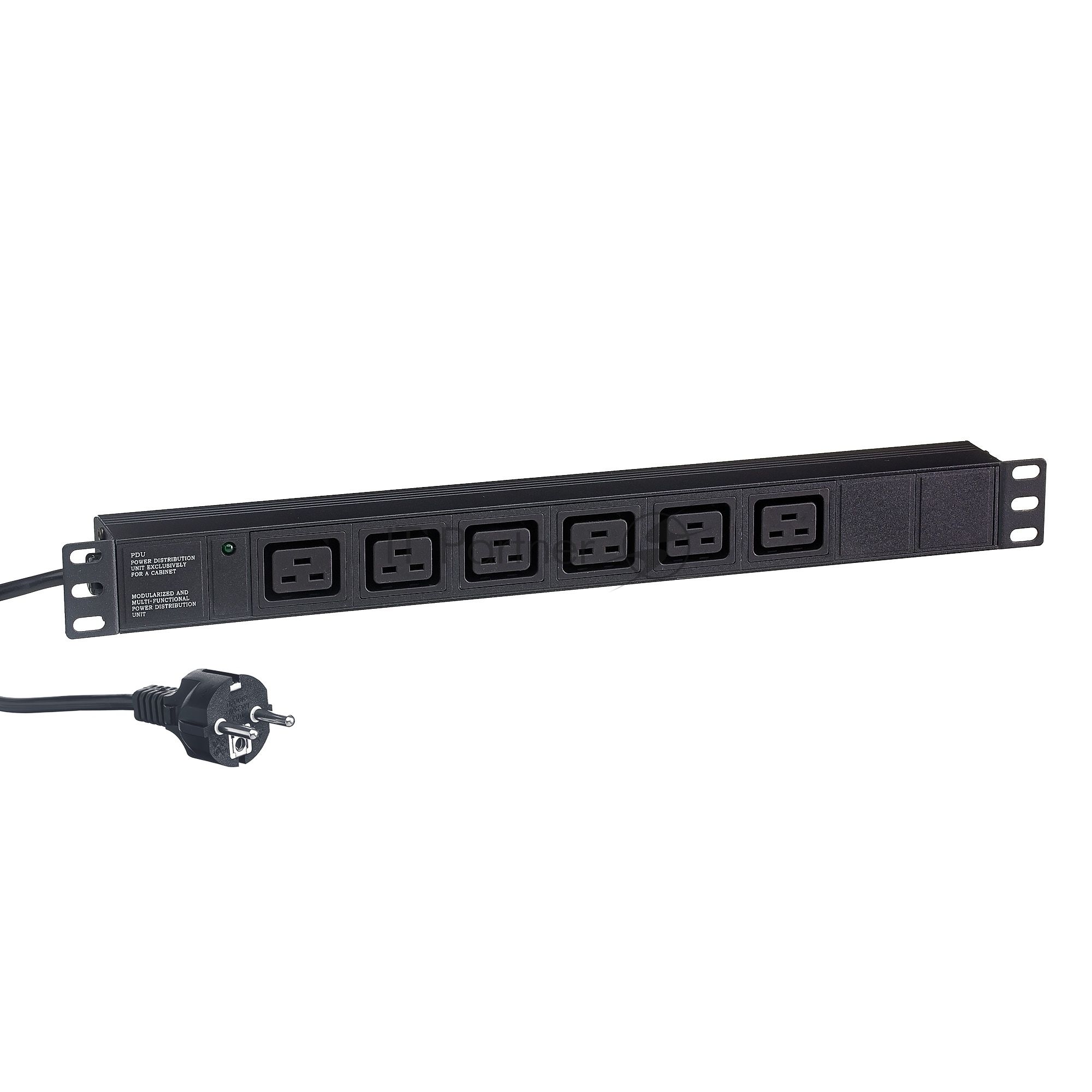 Блок розеток горизонтальный ExeGate ServerPro PDU-19H013 Al-6C19-EU3-SW, 19", 1U, Алюминий, 6 IEC 320 C19, кабель с евровилкой VDE-250V-16A-3*1.5мм2, 3 метра, выкл. с подсветкой, черный