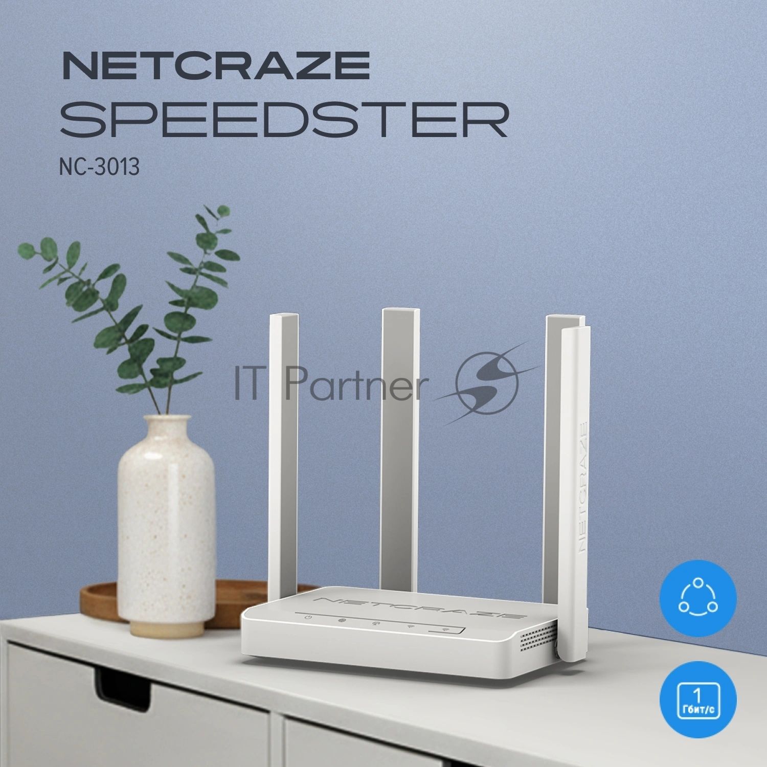 Гигабитный интернет-центр Netcraze Speedster (NC-3013) с Mesh Wi-Fi 5 AC1200, 4-портовым Smart-коммутатором и переключателем режима роутер/ретранслятор