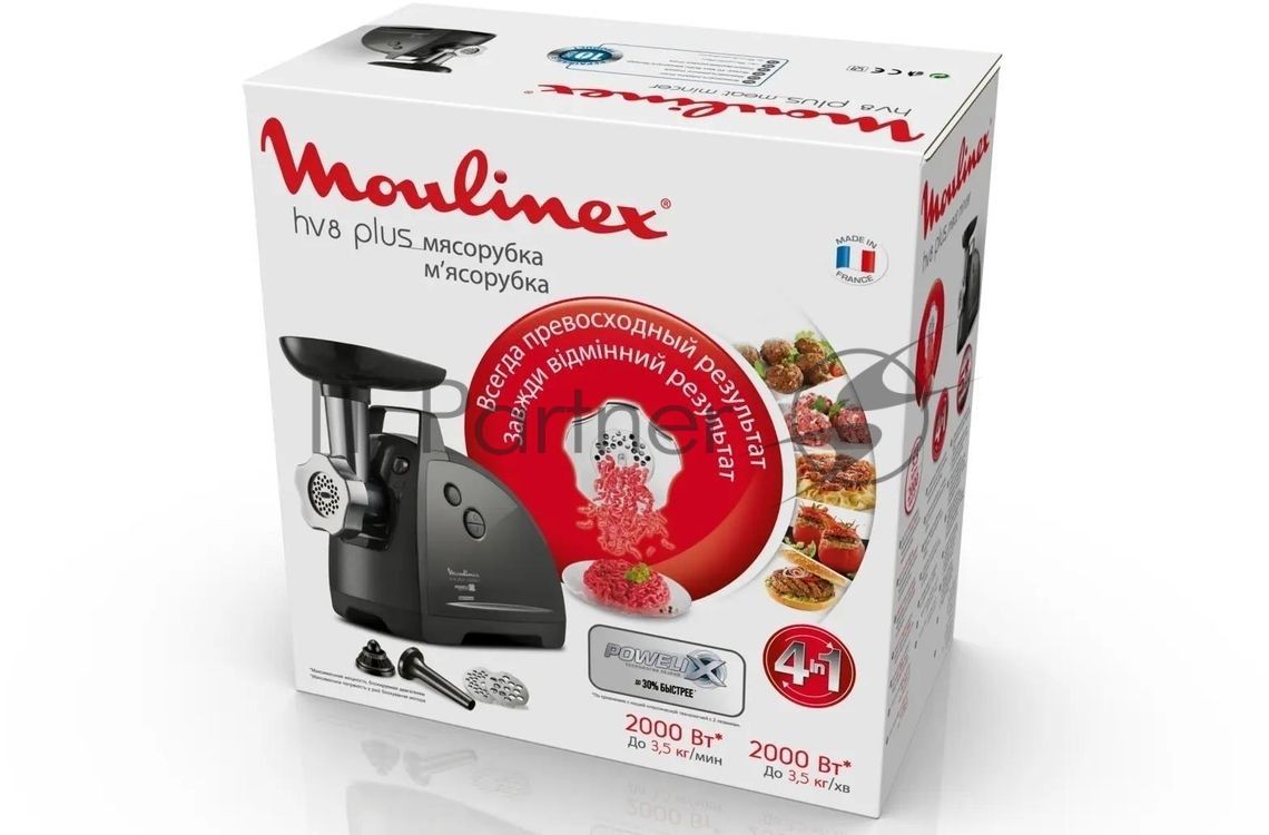 Мясорубка электрическая Moulinex ME682832 черный, 2000 Вт, 2.6 кг/мин, реверс, защита от перегрузки, насадки - 4