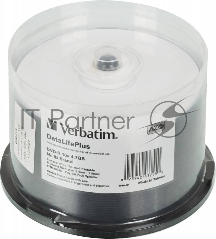 Диск DVD-R Verbatim 4.7Gb 16x Cake Box (50шт) Printable (43755)