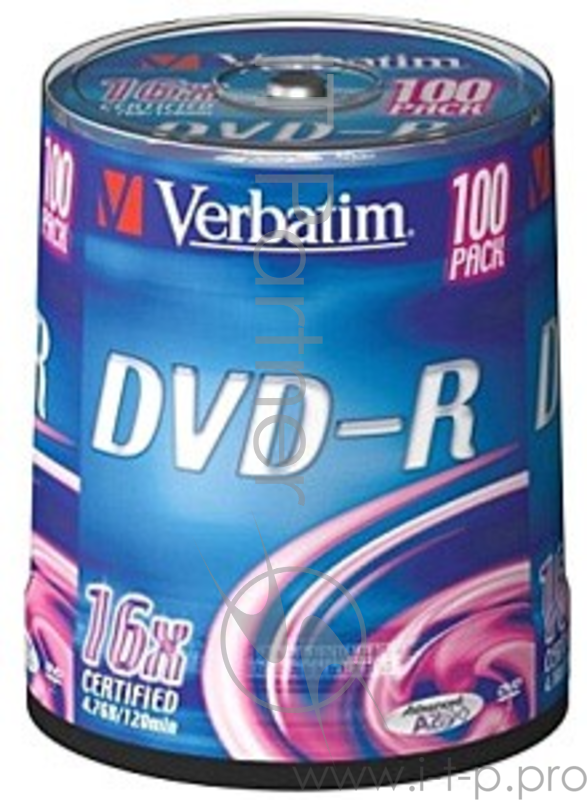 Диск DVD-R Verbatim 4.7Gb 16x Cake Box (100шт) (43549)