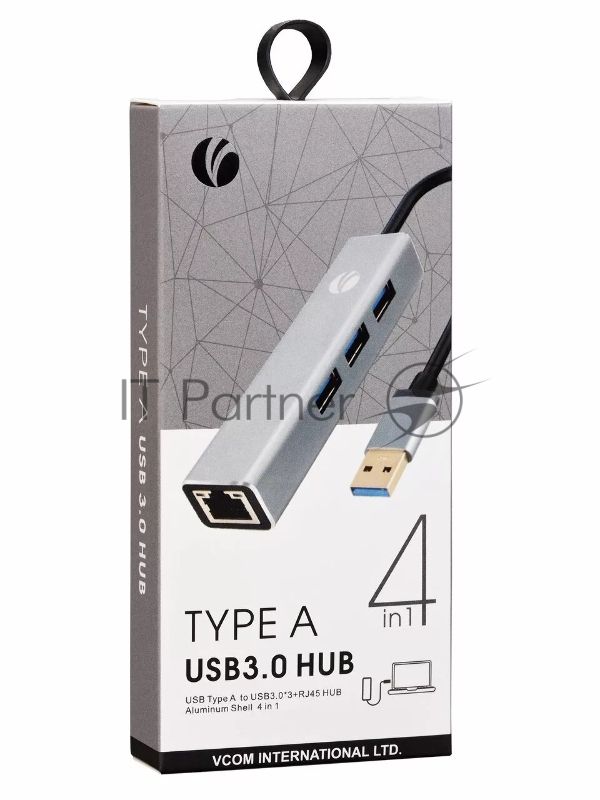 Переходник VCOM USB 3.0 -->RJ-45 1000Mbps+3 USB3.0, Aluminum Shell, 0.2м DH312A