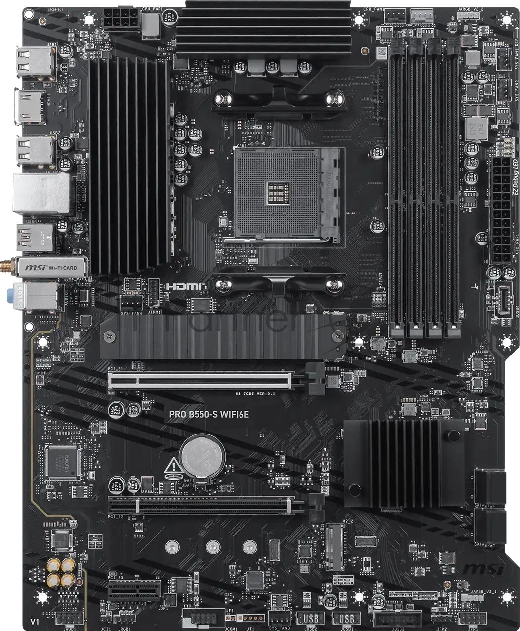 Материнская плата MSI PRO B550-S WIFI6E, AM4, AMD B550, 4xDDR4, 4xSATA, 2xM.2 PCIe, 1xHDMI, 1x 1Gb LAN, 8xUSB (4xUSB 2.0, 2xUSB 3.2 Gen1, 1xUSB 3.2 Gen2 Type-A, 1xUSB 3.2 Gen2 Type-C), 3x3.5 мм, 7.1, ATX