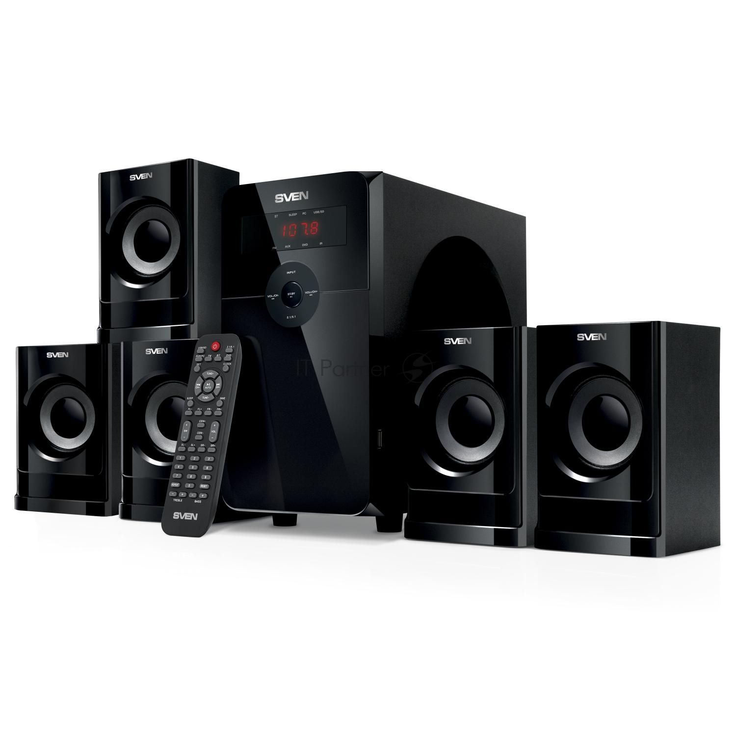 Компьютерная акустика SVEN АС HT-201, черный (80 Вт, Bluetooth, пульт, дисплей, FM, USB, SD)