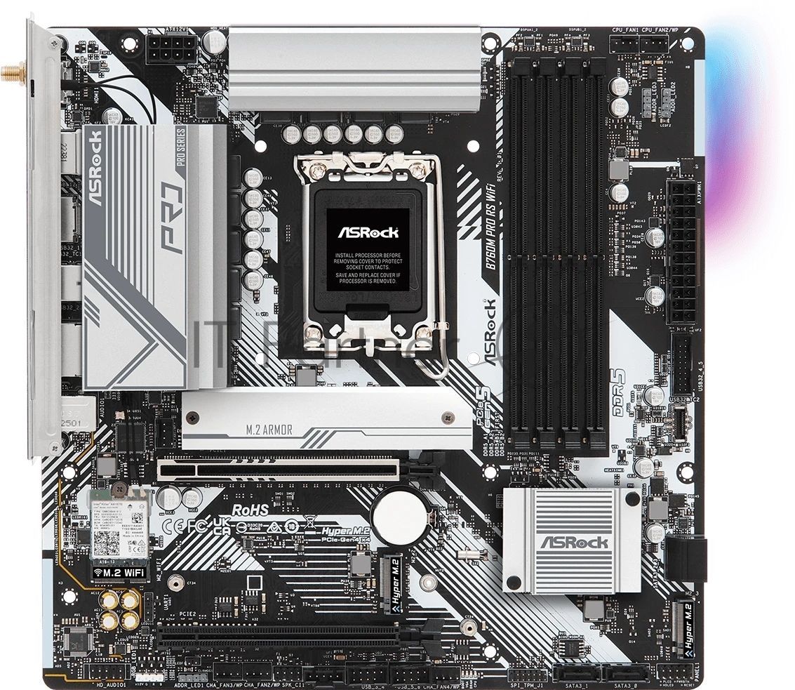 Материнская плата ASRock B760M Pro RS WiFi, LGA 1700, Intel B760, 4xDDR5, 4xSATA, 3xM.2, 1xPCIe 5.0 x16, 1xPCIe 3.0 x16, 1xHDMI, 1xDP, 1x2.5Gb LAN, Wi-Fi 6E, Bluetooth 5.3, 1xUSB-C 5Gbps, 3xUSB-A 5Gbps, 2xUSB-A 2.0, 3x3.5 мм, 7.1, mATX