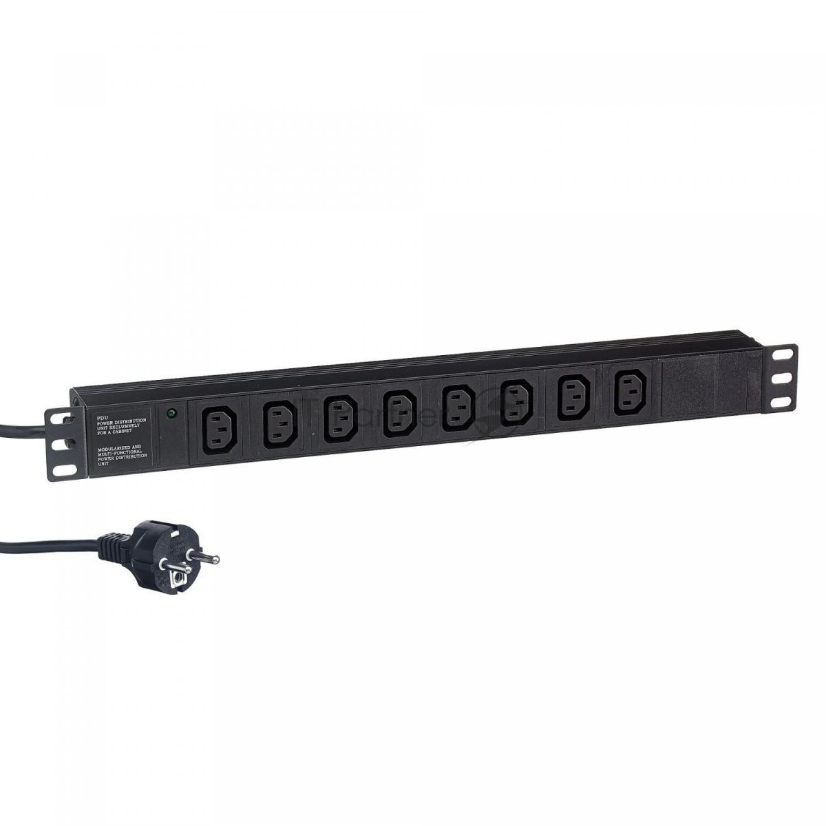 Блок розеток горизонтальный ExeGate ServerPro PDU-19H809 Al-8C13-EU2.5, 19", 1U, Алюминий, 8 IEC 320 C13, кабель с евровилкой VDE-250V-16A-3*1.5мм2, 2.5 метра, черный
