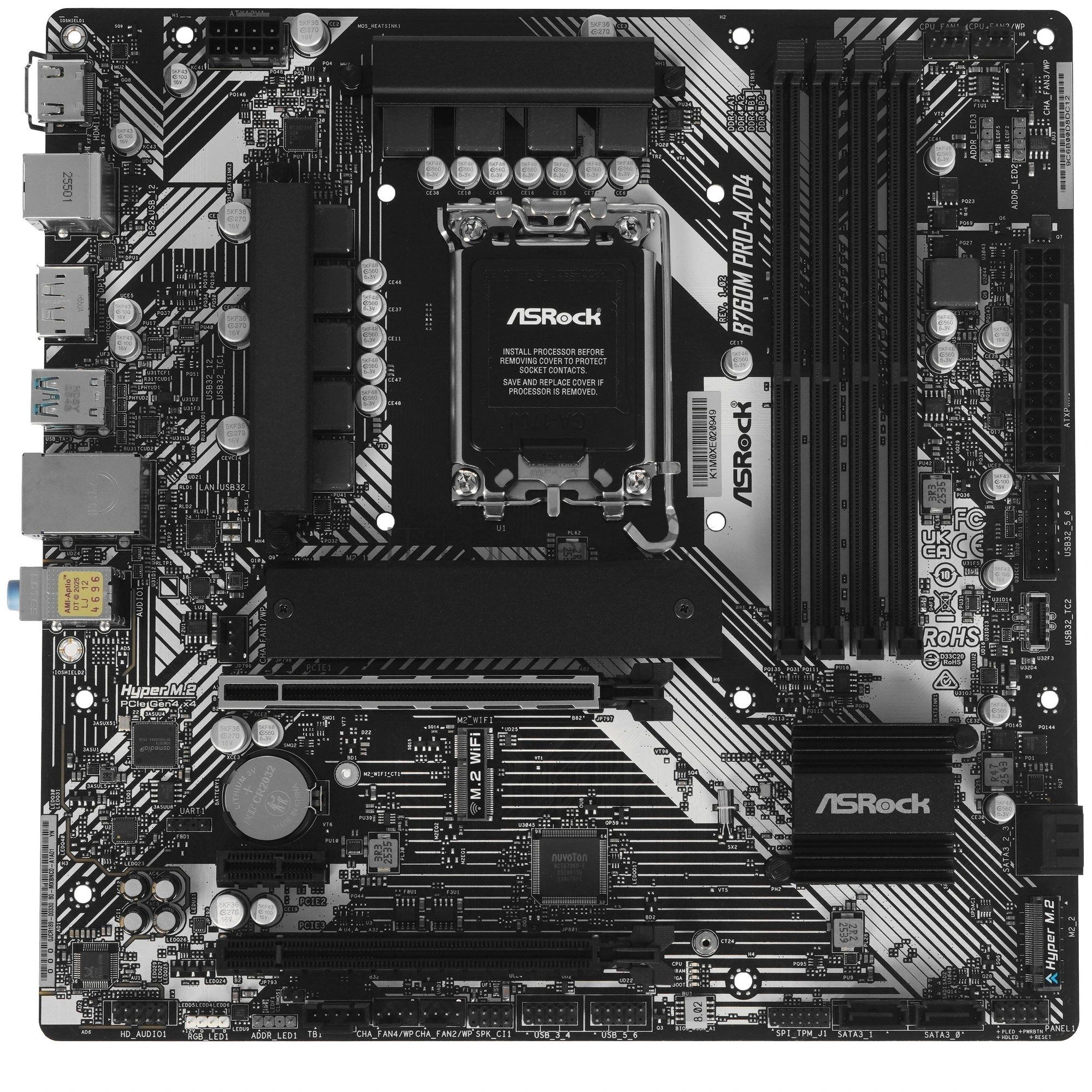 Материнская плата ASRock B760M Pro-A/D4, LGA1700, Intel B760, 4xDDR4, 4xSATA 6Gb/s, 2xM.2, 1xPCIe 4.0 x1, 2xPCIe 4.0 x16, 1xHDMI, 1xDisplayPort, 1x2.5Gb LAN, 1xUSB 3.2 Gen1 Type-C, 3xUSB 3.2 Gen1 Type-A, 2xUSB 2.0, 3x3.5 мм, 7.1, microATX