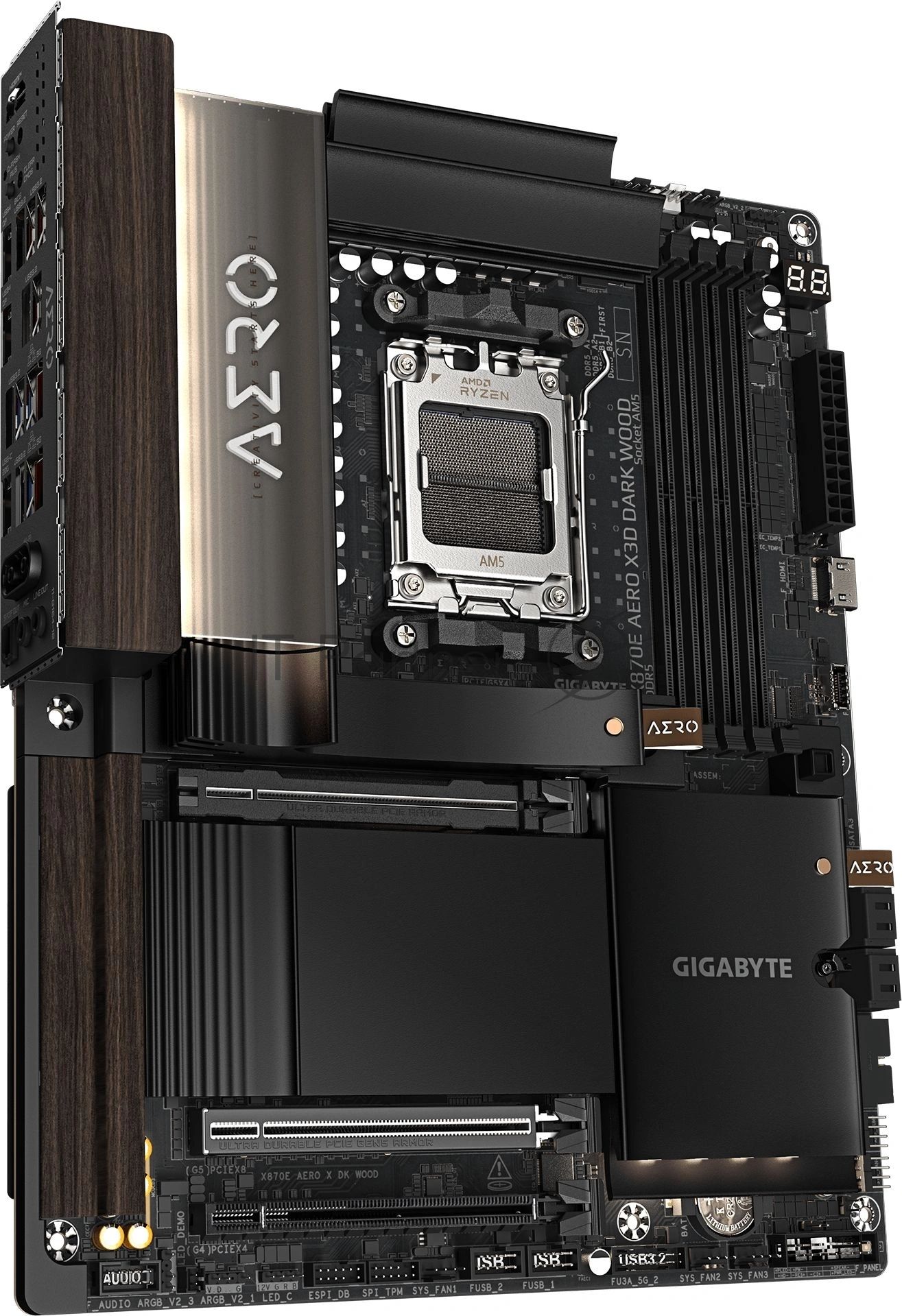Материнская плата Gigabyte X870E AERO X3D DARK WOOD, AM5, AMD X870E, 4xDDR5, 4xSATA 6Gb/s, 4xM.2, 2xPCIe 5.0 x16, 1xPCIe 4.0 x4, 1xHDMI, 2x5Gb LAN, 3xUSB Type-C, 5xUSB 3.2 Gen 2, 3xUSB 3.2 Gen 1, 2x3.5 мм, 7.1, ATX