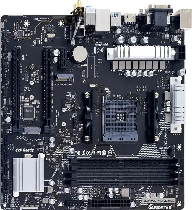 Материнская плата Biostar B550MX/E PRO, AM4, AMD B550, 4xDDR4, 4xSATA, 2xM.2, 1xPCIe 4.0 x16, DVI-D, HDMI, D-Sub, 1x1Gb LAN, 3x3.5 мм, 7.1, microATX