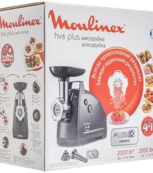 Мясорубка электрическая Moulinex ME682832 черный, 2000 Вт, 2.6 кг/мин, реверс, защита от перегрузки, насадки - 4