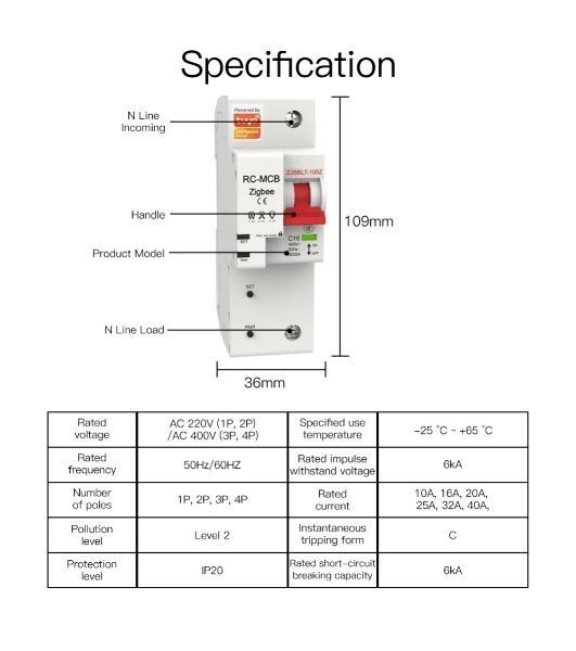Выключатель MOES Zigbee circuit breaker 1P 16A ZCB-SC-1P16