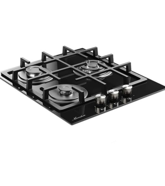 Варочная поверхность MONSHER MGG 44 Noir, High-Tech, газ, 45 см, газ-контроль, автоматический электроподжиг, чугунные решетки, форсунки под сжиженый газ, конфорки SABAF, поворотные переключатели, цвет черный