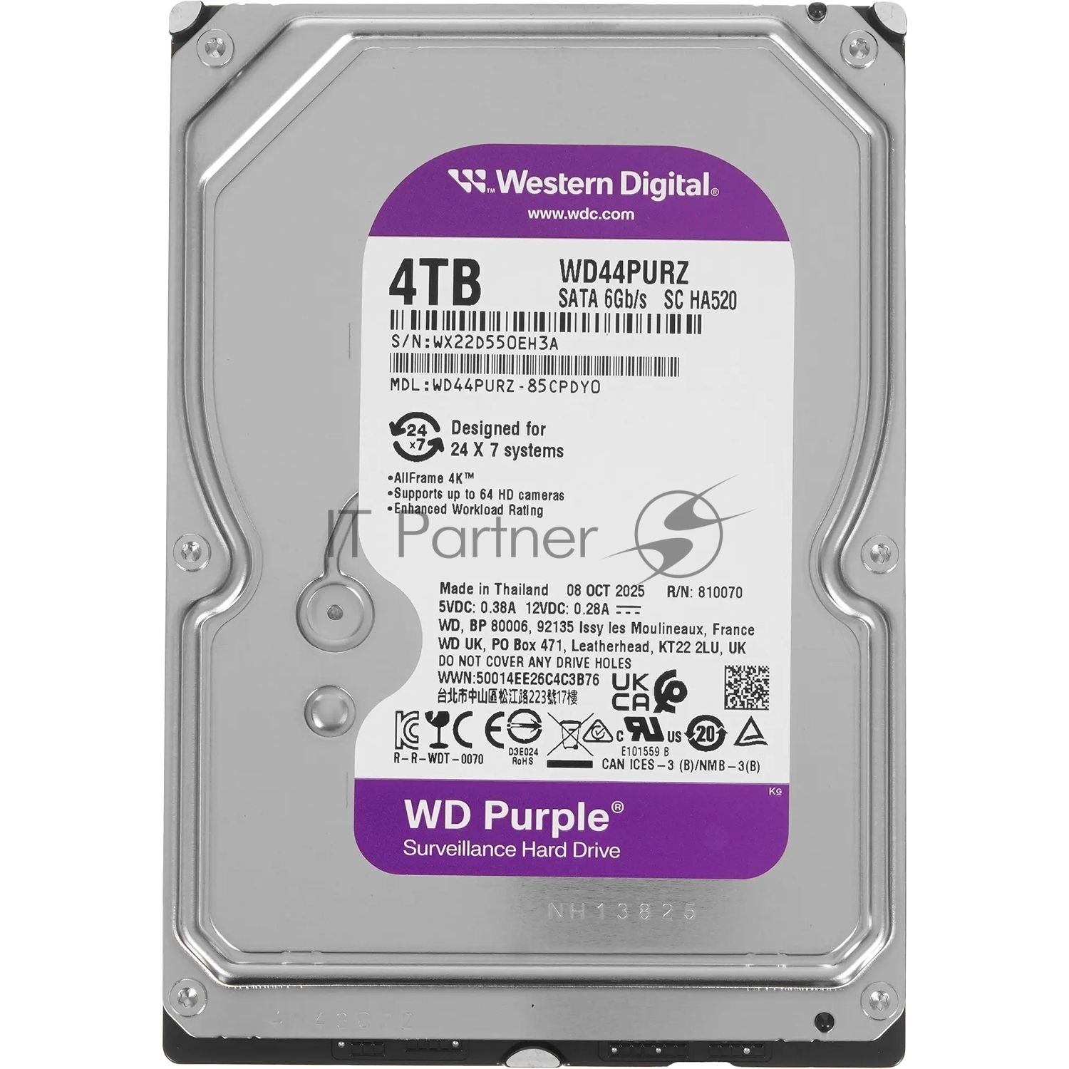 Жесткий диск Western Digital 4TB 5400 Purple Pro Surveillance, Cache 128MB