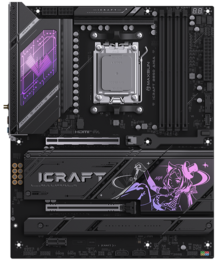 Материнская плата Maxsun MS-iCraft B850 AIGA, AM5, AMD B850, 4xDDR5, 2xSATA 6Gb/s, 4xM.2 PCIe, 2xPCIe 5.0 x16, 1xPCIe 3.0 x1, 1xDisplayPort, 1xHDMI, 1x5Gb LAN, 4xUSB 2.0, 4xUSB 3.2 Gen2, 1xUSB 3.2 Gen2 Type-C, 5x3.5 мм, 1xS/PDIF, 7.1, ATX