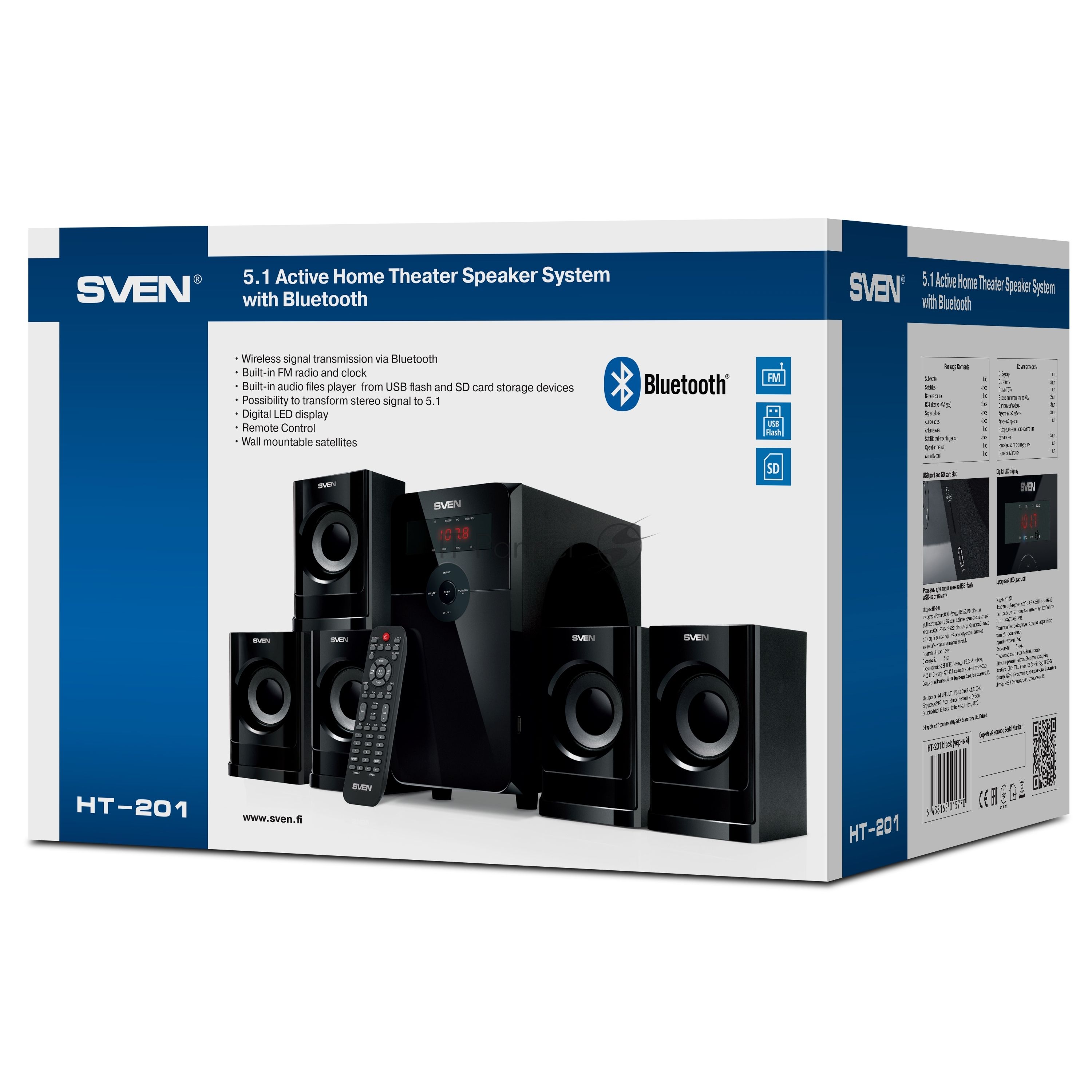 Компьютерная акустика SVEN АС HT-201, черный (80 Вт, Bluetooth, пульт, дисплей, FM, USB, SD)