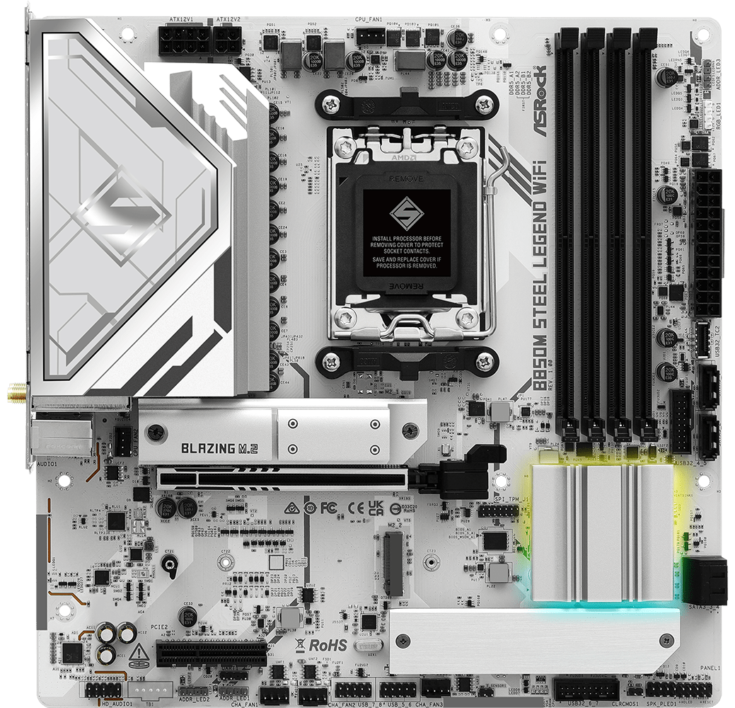 Материнская плата ASRock B850M Steel Legend WiFi, AM5, AMD B850, 4xDDR5, 4xSATA, 3xM.2, 1xPCIe 5.0 x16, 1xPCIe 3.0 x4, 1xDP, 1xHDMI, 1x2.5Gb LAN, Wi-Fi 7, Bluetooth 5.4, 1xUSB-C 10Gbps, 1xUSB-A 10Gbps, 2xUSB-A 5Gbps, 4xUSB-A 2.0, 3x3.5 мм, 7.1, mATX