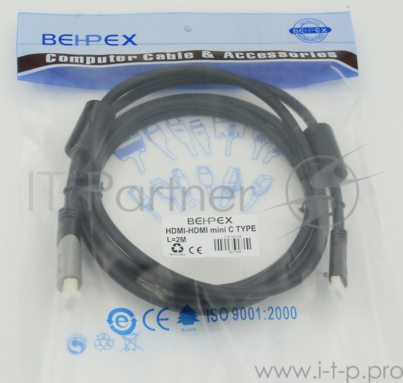 Кабель аудио-видео Behpex HDMI (m)/Mini HDMI (m) 2м. феррит.кольца черный