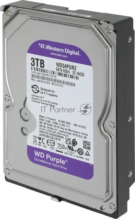 Жесткий диск HDD WD Purple 3Tb 5400rpm SATA 128Mb 3.5"