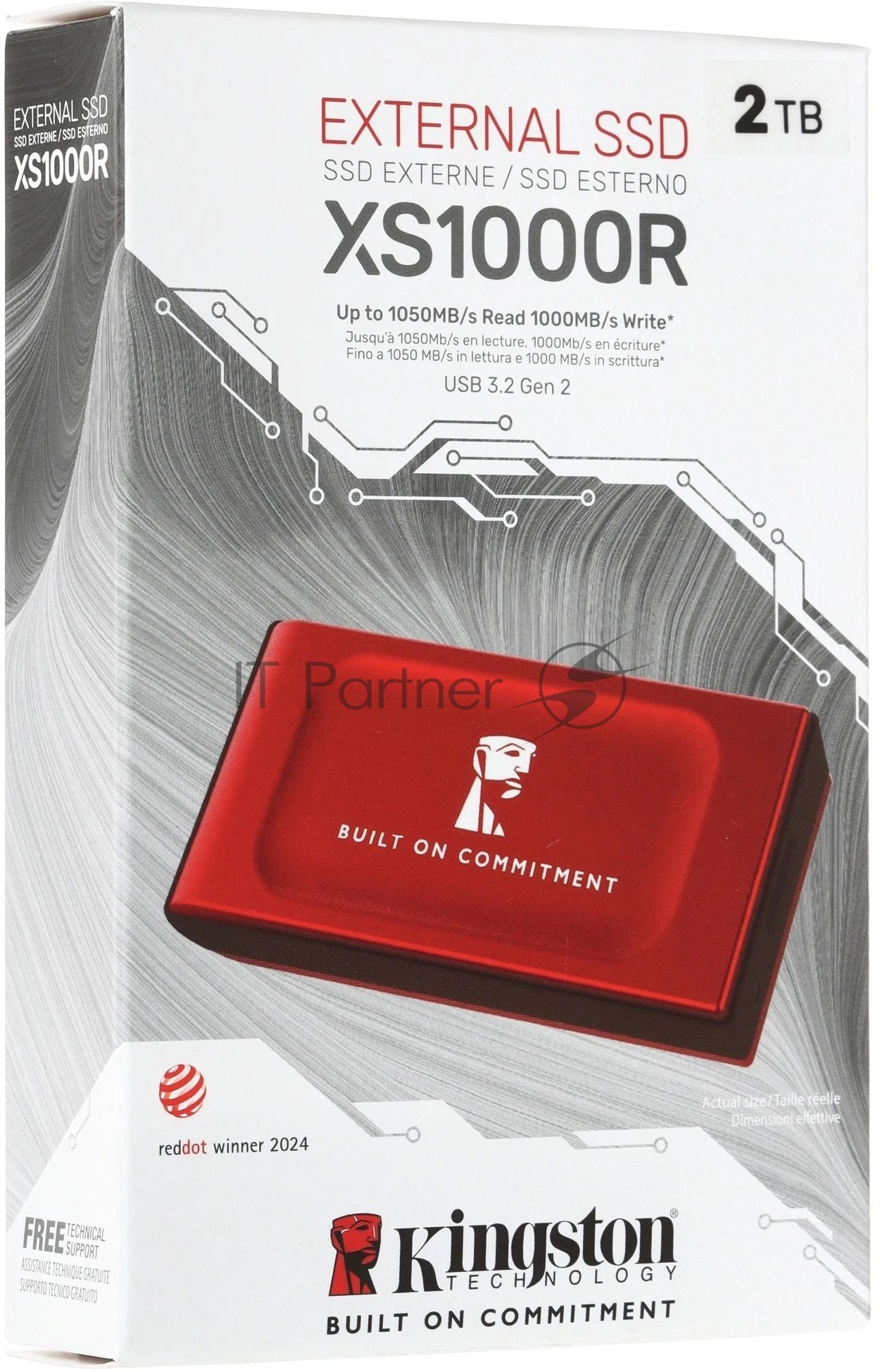Внешний SSD Kingston XS1000, 2TB, USB 3.2 Gen 2 Type-C, R/W 1050/1000, красный