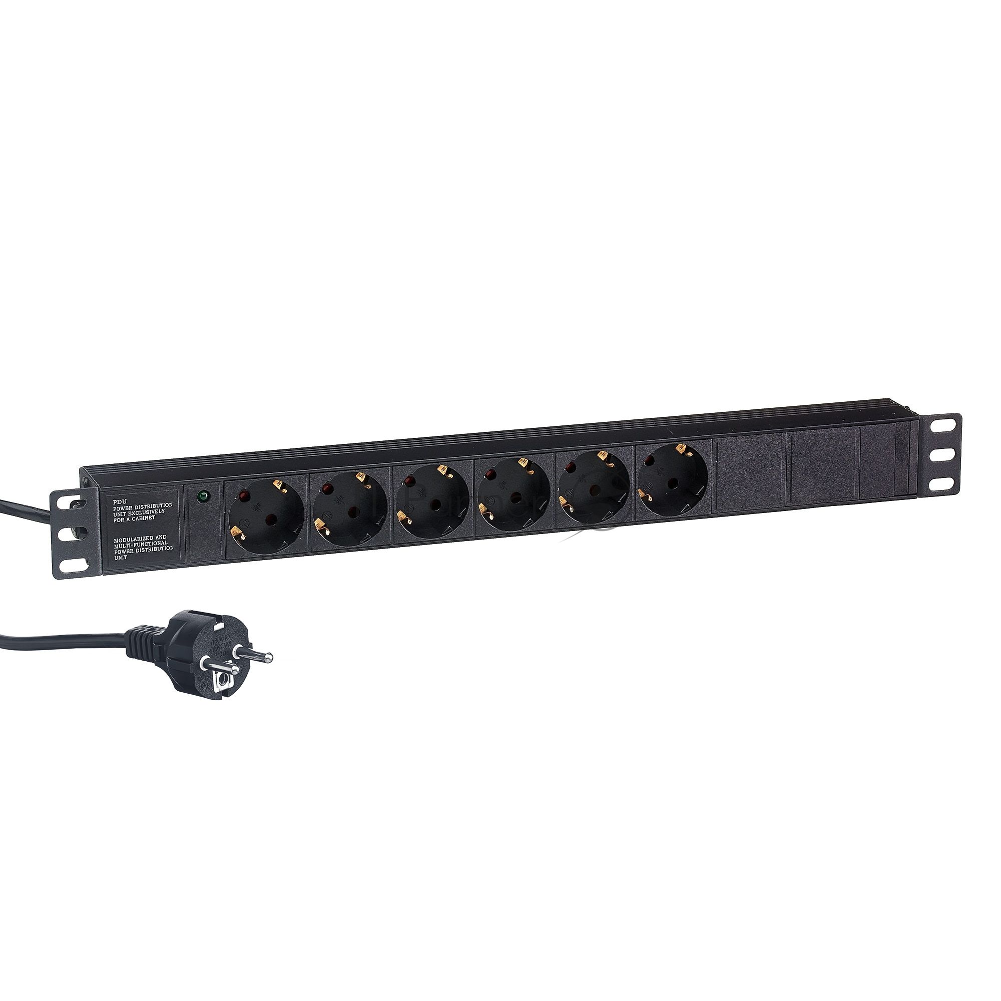 Блок розеток горизонтальный ExeGate ServerPro PDU-19H603 Al-6S-EU2.5, 19", 1U, Алюминий, 6 Schuko, кабель с евровилкой VDE-250V-16A-3*1.5мм2, 2.5 метра, черный