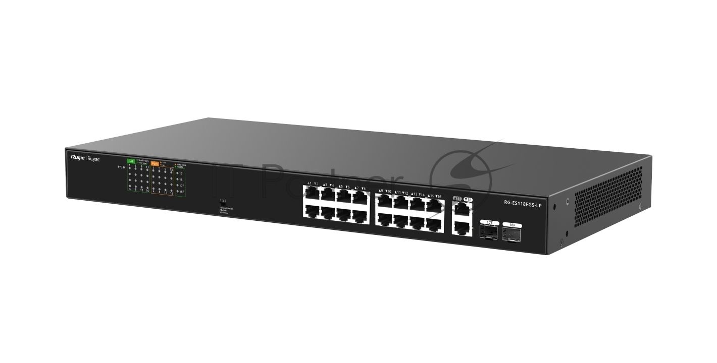 Коммутатор Ruijie Reyee RG-ES118FGS-LP, 16×100 Мбит/с PoE + 2×1 Гбит/с Комбо (RJ45/SFP), неуправляемый