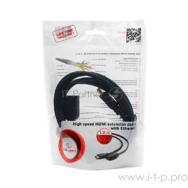 Кабель-удлинитель HDMI Cablexpert CC-HDMI4X-6, 19M/19F, v2.0, позол.разъемы, экран, 1.8м, черный, пакет